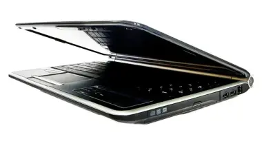 Side profile of a black laptop with the lid partially closed